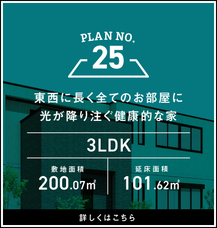 PLAN NO.25 東西に長く全てのお部屋に光が降り注ぐ健康的な家 3LDK 詳しくはこちら